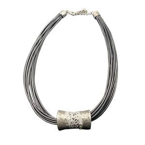 Black multi strand necklace with treated cord silver tone filigree rhinestone pe